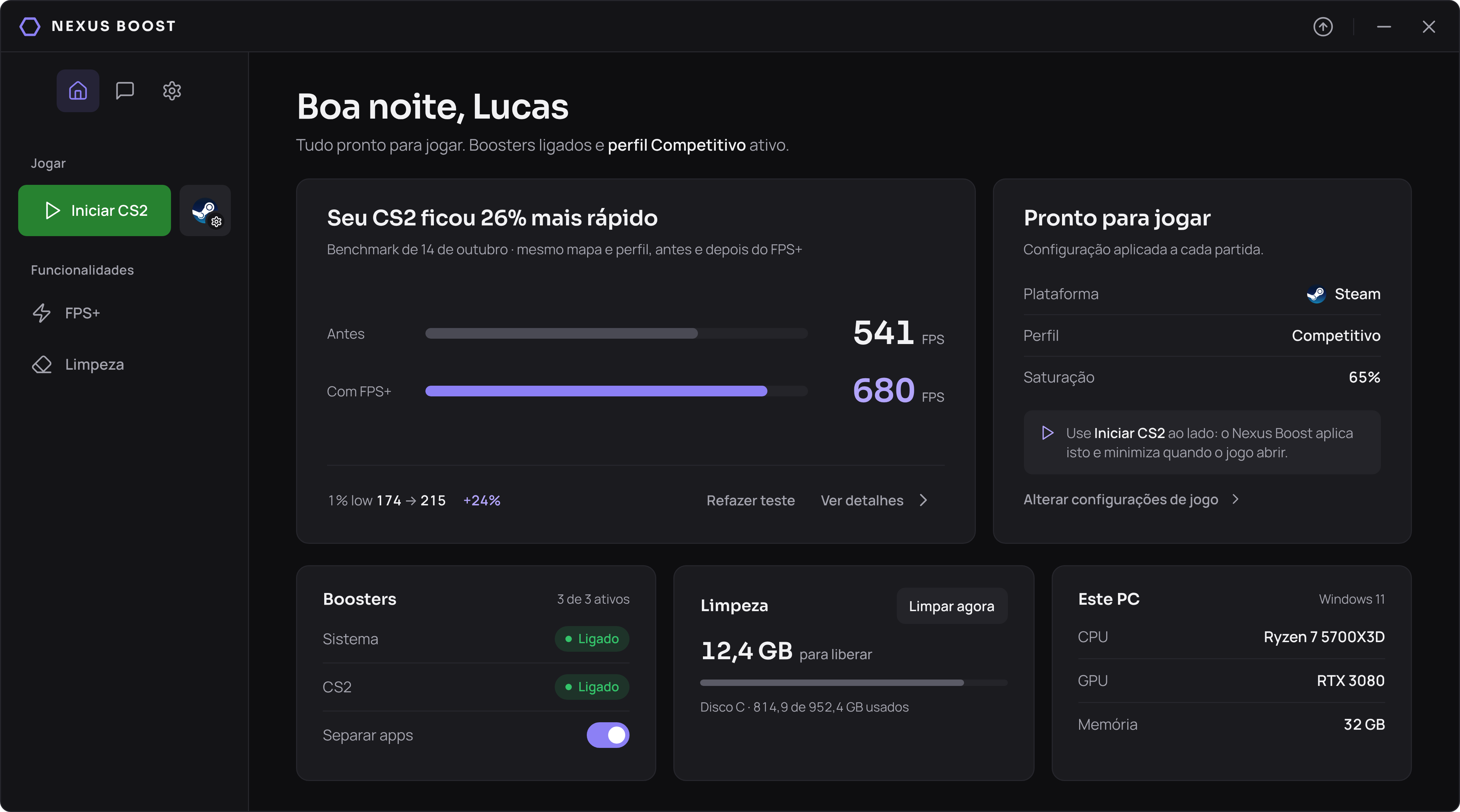 Tela inicial do aplicativo Nexus Boost